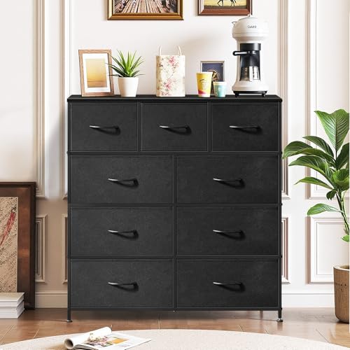 9-Drawer Dresser for Bedroom, Anti-Tip Tall Storage Organizer Chest of Drawers with Wooden Top and Metal Frame Fabric Bins for Closet, Living Room, Hallway, Entryway, Black - color: Black, size: 11.8"D x 39.4"W x 40"H (9 Drawers)