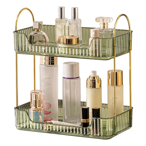 Akinbas 2 Tier Bathroom Organizer Countertop Makeup Perfume Tray Skincare Organizer for Bathroom Dresser Vanity (Green) - color: Green, size: 2 Tier
