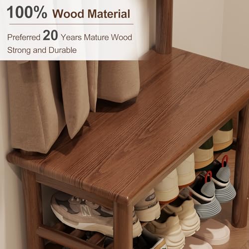 AQIMUELE Coat Rack with Shoe Storage, Narrow Wooden Hall Tree with Bench, 11 Hooks and 2-Tier Storage Shelves, 3-in-1, Entryway Bench with Coat Rack (23.6"-Walnut) - color: Walnut, size: 23.6"