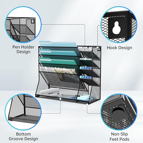 Wall File Organizer, 5-Tier Wall Organizer for Office with 4 Pen Slots, Vertical Hanging File Folder Holder with R-shaped Bottom Tray, Mesh Mail Holder Desk Organization for Workspace, Black - color: Black