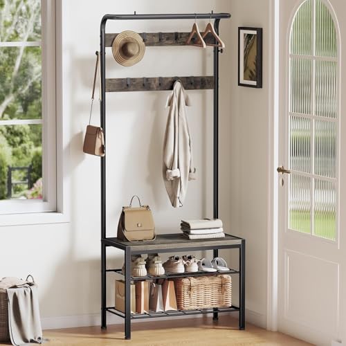 Hall Tree with Bench and Shoe Storage, 4-in-1 Entryway Organizer with 10 Hooks and Storage Shelf,Coat Rack Freestanding with 2-Tier Storage Shelf for Living Room, Bedroom Gray - color: Classic Gray