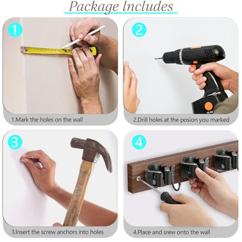 Broom Holder Wall Mount, Rustic Wood Broom Hanger with 5 Racks and 4 Hooks, Laundry Room Organization and Storage, Mop Holder for Home Decor, Garden, Garage, Kitchen, Closet (Black walnut Wood) - color: Black walnut Wood