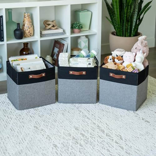 OrganiHaus 13" x 13" x 13" Cube Fabric Storage Bins Set of 4, Fabric Storage Cubes w/ Vegan Handles, 13 inch Collapsible Bins for Clothes & Toy Organizer, 13x13 Basket for Kallax - Grey/Black - color: Gray Base / Black, size: (13x13) Leather Handles