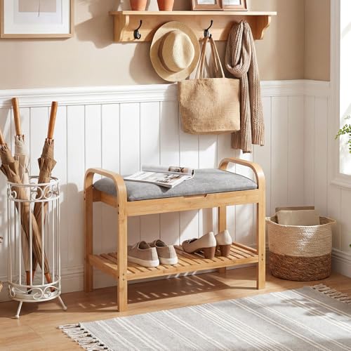 Giantex Small Entryway Bench with Storage, 2-Tier Bamboo Shoe Rack Bench with Flip Top Storage Space and Padded Cushion, Shoe Organizer for Entryway, Living Room, Hallway, Bedroom,Natural - size: 13"D x 24"W x 22"H（With Flip-Top Storage）