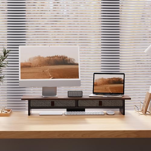 Fenge Monitor Stand with Drawer, 2 Tiers Dual Monitor Riser for Desk, 35 Inch Computer Stand for 2 Monitors, Desk Shelf for Home, Office, Laptop, PC, TV, Printer - color: Brown