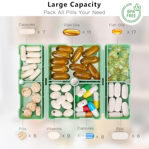 FYY Daily Pill Organizer, 7 Compartments Portable Pill Case Travel Pill Organizer,[Folding Design] Pill Box for Purse Pocket to Hold Vitamins,Cod Liver Oil,Supplements and Medication-Green - color: Green, size: Small (1 Piece)