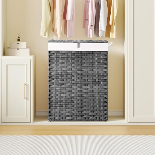 Greenstell Laundry Hamper with Lid, 90L Clothes Hamper with 2 Removable Liner Bags & 2 Mesh Laundry Bags, Handwoven Synthetic Rattan Laundry Basket for Clothes, Toys in Bathroom, Bedroom Grey - color: Gray, size: 90L (18.1 x 13.0 x 23.6 inches)