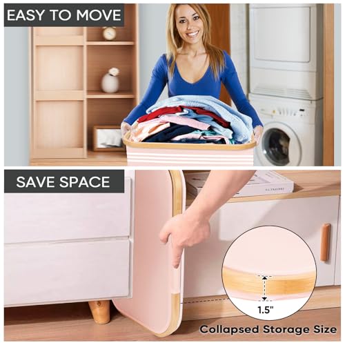 BALEINE Laundry Hamper with Lid, Tall Laundry Baskets with Bamboo Pull Handles, Large Laundry Bin with Internal Support (18 Gal/70L, Pink Pinstripe) - color: Pink Pinstripe, size: 70 liters