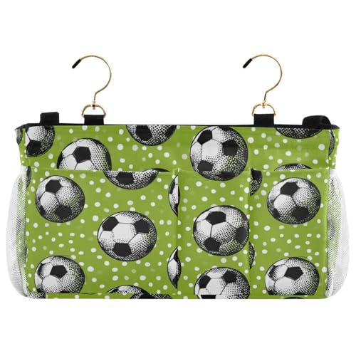 Bedside Caddy Hanging Bunk Bed Caddy Bed Organizer Hanging Pocket with 2 Hooks Bedside Storage Organizer Pocket Bag Holder Deep Green Soccer Balls Dots - color: Deep Green Soccer Balls Dots