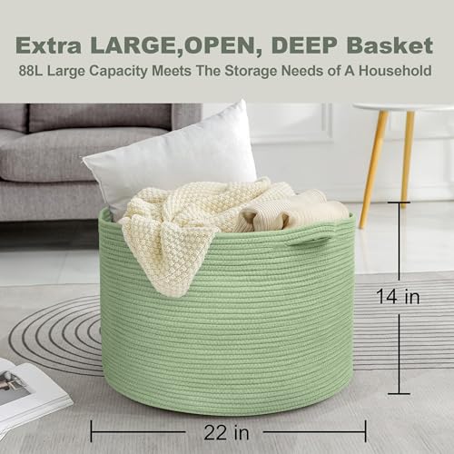 MEGASKET Extra Large Green Basket, 22" X 22" X 14" Woven Cotton Rope Baskets for Blankets, Nursery Laundry Basket, Cute Kids Toy Storage Bin, Green Living Room Bedroom Decor Baskets for Organizing - color: Green, size: 22"x22"x14"