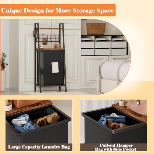 Furnulem Laundry Hamper, Vertical Laundry Basket with 2 Tiers Wooden Shelf and Hooks, Clothes Hamper with Pull-Out and Removable Bag for Bathroom, Bedroom, Dorm, 13.21 Gallons (50L) - size: 1-Bag Laundry Hamper