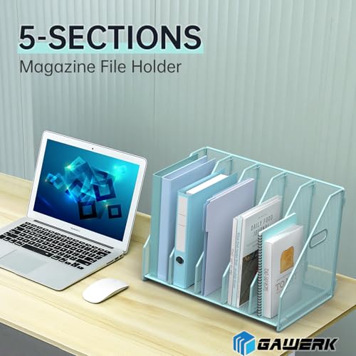 MINDEPOT Desk File Organizer Metal Desk Magazine Folder Holder with 5 Vertical Compartments Rack File Organizer for Office, Home, School (Blue) - color: Blue