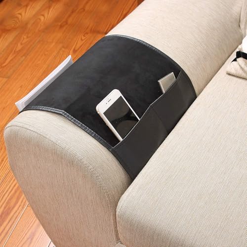 IPENNY No-slip Leather Sofa Couch Remote Control Holder Chair Armrest Caddy Pocket Organizer Storage Bag for Cellphone Tablet Notepad Book Magazines DVD Eyewears Drinker Snacks Holder Pouch - color: Black (Leather + Suede fabric)
