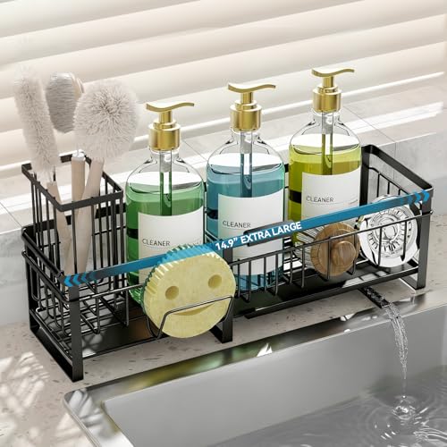 Aurblozen Extra Large Extendable Sponge Holder for Kitchen Sink, Rustproof Sink Caddy Organizer with High Brush Holder, Dish Soap Dispenser Organizers and Storage (Black) - color: Black