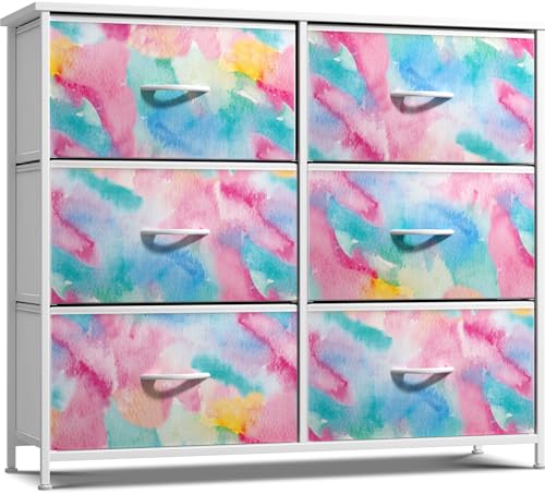 Sorbus Kids Dresser with 6 Drawers - Storage Chest Organizer Nightstand - Steel Frame, Wood Top, Tie-Dye Fabric Bins for Clothes - Wide Furniture for Bedroom, Hallway, Nursery, Closet, & Apartment - color: Watercolor, style: 6-Drawer