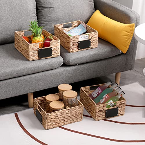 Water Hyacinth Storage Baskets Set of 4 - Foldable Seagrass Organizers with Chalk Labels,10.8x9x4.9 Inch,Rectangular Woven Pantry Bin for Shelves