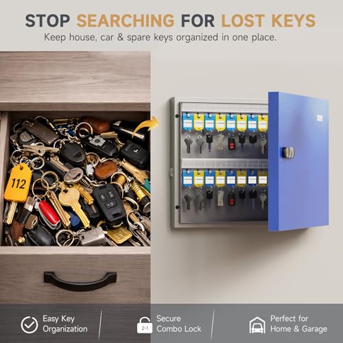 48 Key Lock Box – Wall Mounted Key Cabinet with Dual Lock (Key & 3-Digit Combination), Key Organizer for School, Office Entryway & House Keys, Includes Key Tags - size: 48 Keys(Basic)