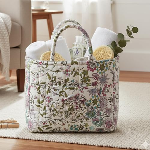 Quilted Fabric Storage Baskets with Handles, Boho Floral Gift Basket Foldable Organizer Bin for Home Decor, Picnic, Travel 12''x10''x10'' (Purple) - color: Purple