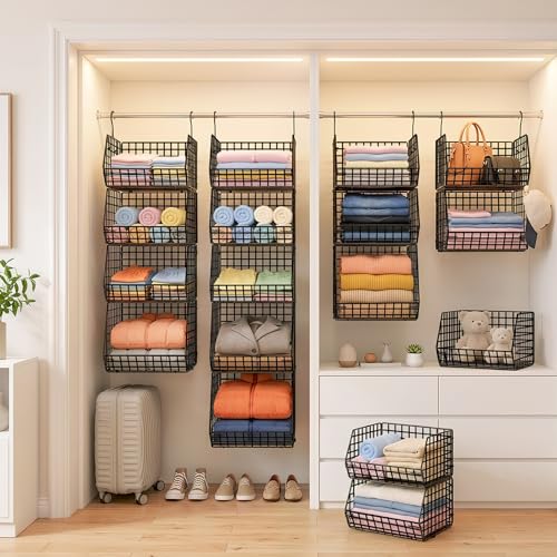5 Tier Metal Hanging Closet Organizer with 2 Extra Tall Storage Baskets & 3 Standard Wire Baskets, Heavy Duty Foldable Closet Organizer with Protective Liners for Sweaters, Jeans, Handbags, Tower