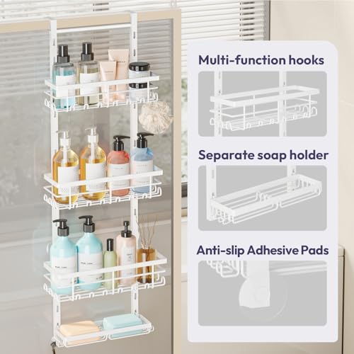 SWTYMIKI Over The Door Shower Caddy - 4 Tier Rustproof Hanging Shower Organizer with Adjustable Shelves, 40 Hooks & Soap Holder, Hanging Shower Rack Storage for Bathroom Accessories, White - color: White
