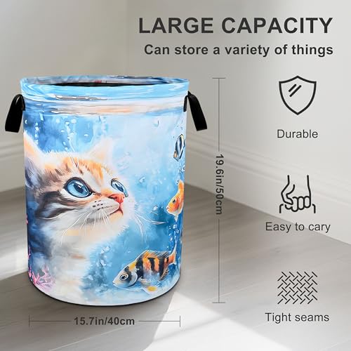 Cute Cat Laundry Basket Foldable Oxford Cloth Tote Bag Laundry Hamper Clothes Storage Bucket Organizer For Bathroom/Laundry Storage/Bedroom 19.6x15.7 Inch - color: Cute Cat
