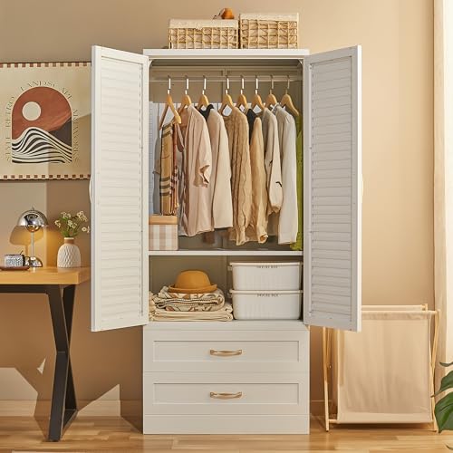 71" Freestanding Metal Wardrobe Closet with Drawers and Hanging Rod, Modern Steel Armoire for Bedroom Storage - color: Modern Cozy-white