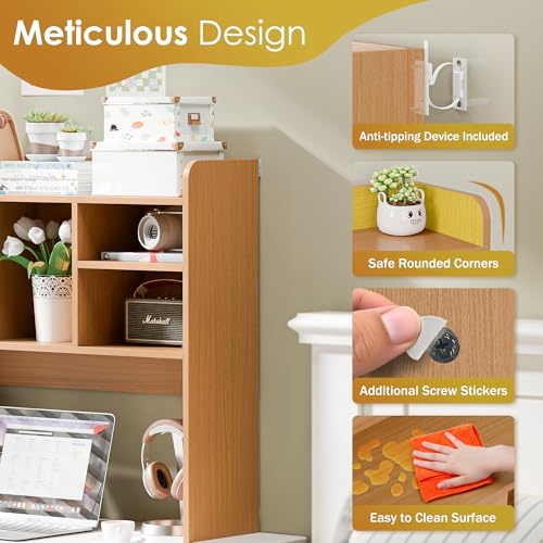 SUPER DEAL Desktop Bookshelf, Countertop Storage Hutch with 4 Shelves for Computer Desk, 2-Tier Display Rack, Multipurpose Wood Desk Hutch Storage Organizer for Home Office Dorm, Natural - color: Natural