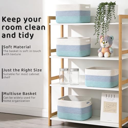 4 Pack Storage Baskets for Organizing, 12''Lx9''Wx8''H Woven Baskets for Storage Toys, Towels, Books, and Clothes, Cotton Rope Basket for Shelves with Handle (White & Blue) - color: White & Blue