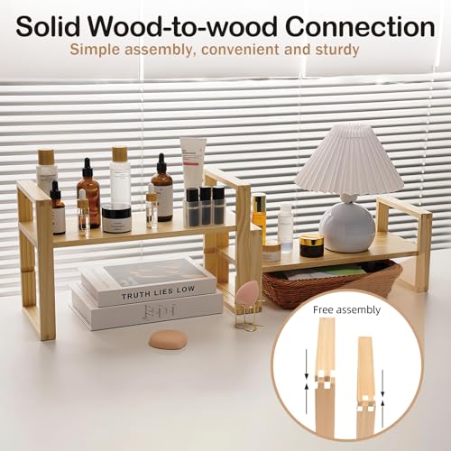 Desk Shelf, 100% Solid Wood Adjustable Desktop Bookshelf, No Tools, Nails or Glue Required for 130lb Load Capacity for Living Room, Office, Books, Cookbooks, Interlocking Joints Nature Pine Color - color: Interlocking Joints Nature Pine Color