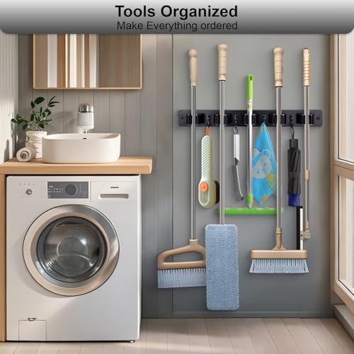 FunCee Broom Holder Wall Mount With 5 Slots & 4 Hooks，Rustic Wood Broom & Mop Hanger，Wall Mounted Garden & Garage Tool Storage Organizer Rack for Closet Laundry Room or Kitchen Wall Decor Black - color: Black