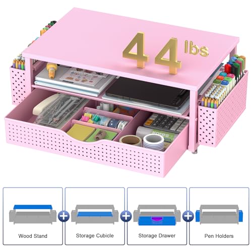 Spacrea Desk Organizer and Accessories, Computer Monitor Stand Riser with Drawer and 2 Pen Holders, Office Desk Accessories & Workspace Organizers for Office Supplies (Pink) - color: Pink