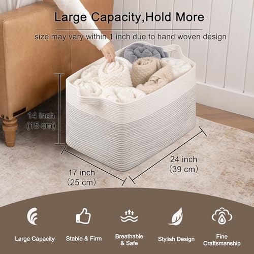 OIAHOMY Extra Large Blanket Basket, 95L Cotton Rope Woven Laundry Basket, Toy Bin for Baby Room, Container for Blanket Storage in Living Room, 24''×17''×14'', Black & White - color: Black & White, size: 95L