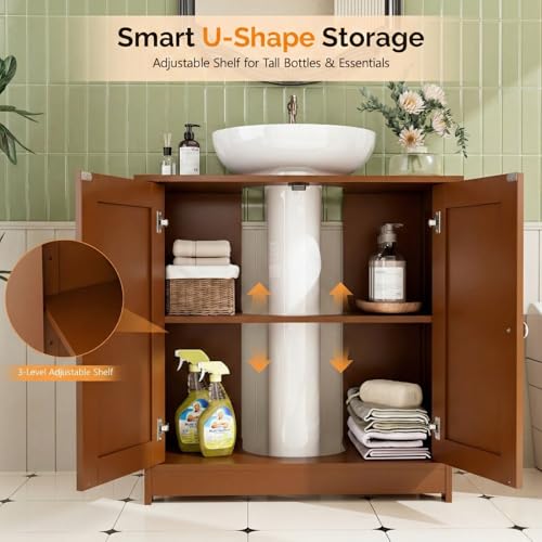 Bonnlo Pedestal Sink Storage Cabinet, 24" Espresso Under Sink Bathroom Storage Cabinet with 2 Doors and Adjustable Shelf, Traditional Bathroom Space Saver Organizer for Small Spaces, Water-Resistant - color: Brown