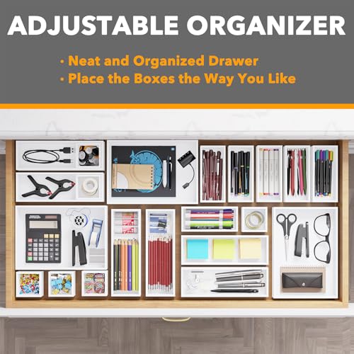 SpaceAid 21-Piece Bamboo Drawer Organizer Storage Boxes Set, Wood Tray Junk Drawer Organizers Multi-Use Divider Bins for Kitchen, Bathroom, Office Desk and Makeup Organization (21 Pack, White) - color: White