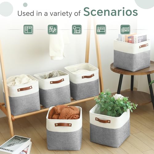 FinishingBo Cube Storage Baskets 6 Pack, 11x11 inch Cube Storage Bins with Leather Handles for Shelf Closet (White/ Gray) - color: White/ Gray
