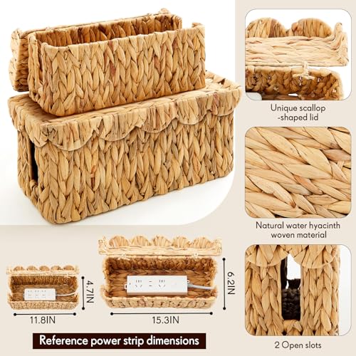 Patelai 2 Pack Scalloped Cable Management Box, Handwoven Water Hyacinth Cord Cable Organizer Box with Lid, 2 Open Slots Cord Basket for Power Strips & TV Wires, Desk, Floor, Office(Natural Color)
