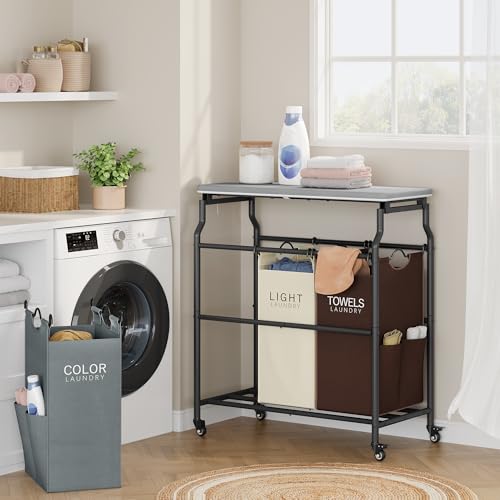 Hoctieon 3 Section Laundry Sorter Cart with Ironing Board, Laundry Hamper Basket with Shelf and Wheels, Heavy Duty Clothes Organizer, Large Clothes Separator with Removable Bags, Brown+Gray+Beige - color: Brown+gray+beige