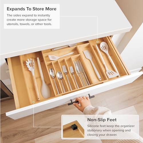 KitchenEdge Premium Silverware, Flatware and Utensil Organizer for Kitchen Drawers, Food-Safe Contract Grade, Expandable from 16 to 28 In, Natural Bamboo - color: Natural Bamboo, size: From 16" to 28" wide