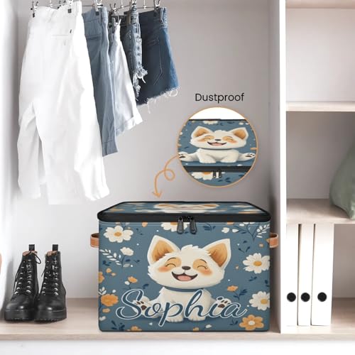 Custom Storage Basket with Name, Personalized Storage Bins with Zipper Lid, Foldable Fabric Storage Box Large capacity with Handle Flower Dog - color: Option 11
