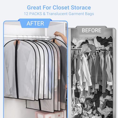 Garment Bag Covers (24''X55'' Set of 12) Lightweight White PEVA Breathable Bags with Study Full Zipper for Coat Protector Travel Laundry Wardrobe Closet - color: Black-Translucent, size: 24''X55''-12P