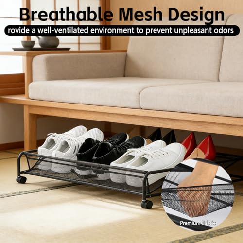 Under Bed Shoe Storage Organizer, 2-Pack Metal Mesh Storage Drawers with Wheels – Rolling Underbed Shoe Organizer for Space Saving Bedroom Organization (Black)