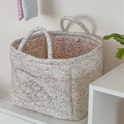 Quilted Fabric Storage Basket with Handles & Pocket, Foldable Laundry Hamper Boho Floral Print Organizer Bin for Home, Picnic, Office 12"x10"x10" (A-1) - color: A-1