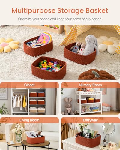 Small Woven Basket, 13.5 x 9.5 x 5 Inches, Storage Basket for Organizing, Cute Small Rope Shelf Closet Cube Storage Bins Baskets for Shelves, Dog Toy Gift Baskets Empty, 3 Pack Rust Red - color: Rust Red, size: 13.5"L x 9.5"W x 5"H