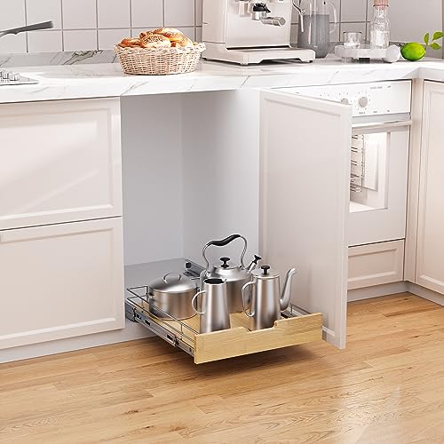 Sikarou Pull Out Cabinet Organizer,Heavy-Duty Slide Out Shelf, Wood And Wire Basket, Pull Out Drawer for for Kitchen Under Sink Space, Pantry, Bathroom (26 * 21 WM) - size: 1-TIE 26*21 WM