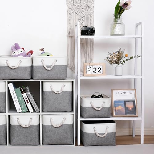 11 x 11 Inch Storage Cubes, 6 Pack Large Collapsible Fabric Storage Bin with Ropes, Foldable Storage Cubes for Home, Office,Closet, Clothes, Toys Organizer (White&Gray) - color: White&Gray, size: Cube - 11 x 11 x 11 inches (6 Pack)