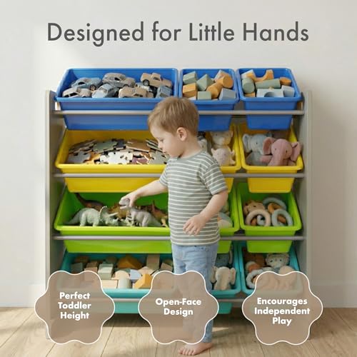 Humble Crew Toy Storage Organizer with 12 Removable Storage Bins for Kids Playroom, 4-Tier Toddler Toy Organization, Grey/Blue/Green/Yellow - color: Grey/Blue/Green/Yellow
