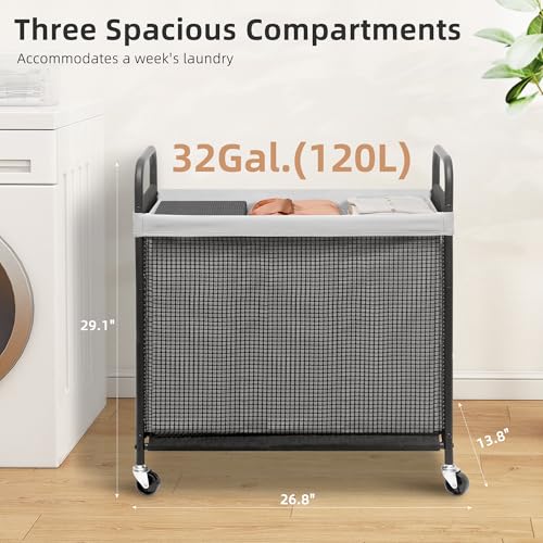 STORAGE MANIAC Rolling Laundry Hamper with Wheels 3-Section Laundry Sorter Rolling Laundrys Basket on Wheels with Removable Bag Clothes Hamper Laundrys Organizer Cart Bathroom Bedroom 120L Grey - color: Grey, size: 3-Section