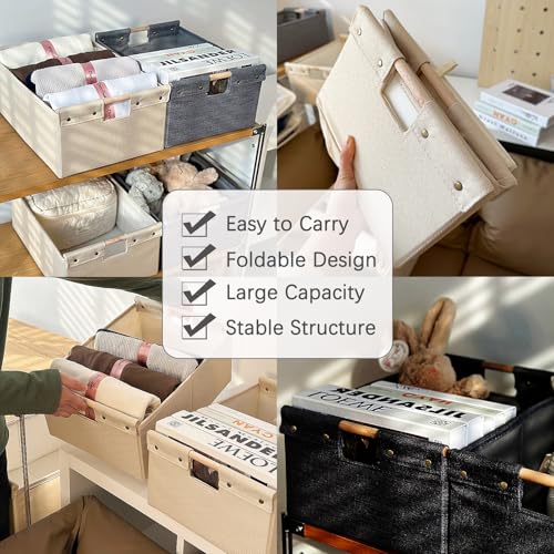 2PCS Storage Bins Cotton Linen Fabric Storage Boxes Basket with Wooden Handles Foldable Washable Decorative Shelf Container Closet Clothes Organizer Home Laundry (Small Size, Black) - color: Black, size: Small (Pack of 2)