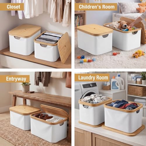Novabright 2 Pcs Collapsible Storage Basket with Bamboo Lids 15" x 10" Foldable Fabric Storage Bins with Handles for Organizing Shelves Closet Laundry Room Bathroom Clothes Towel(White) - color: White
