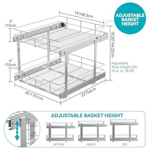 2 Tier Pull Out Cabinet Organizer 20" W X 22" D, Slide Out Drawers For Kitchen Cabinets, Pull Out Drawers For Cabinets Capacity Heavy Duty Caddy, Cabinet Pullout Shelves Chrome-Plated,Bathroom Pantry - color: 2 Tier - Chrome-Plated, size: 20" W X 22" D